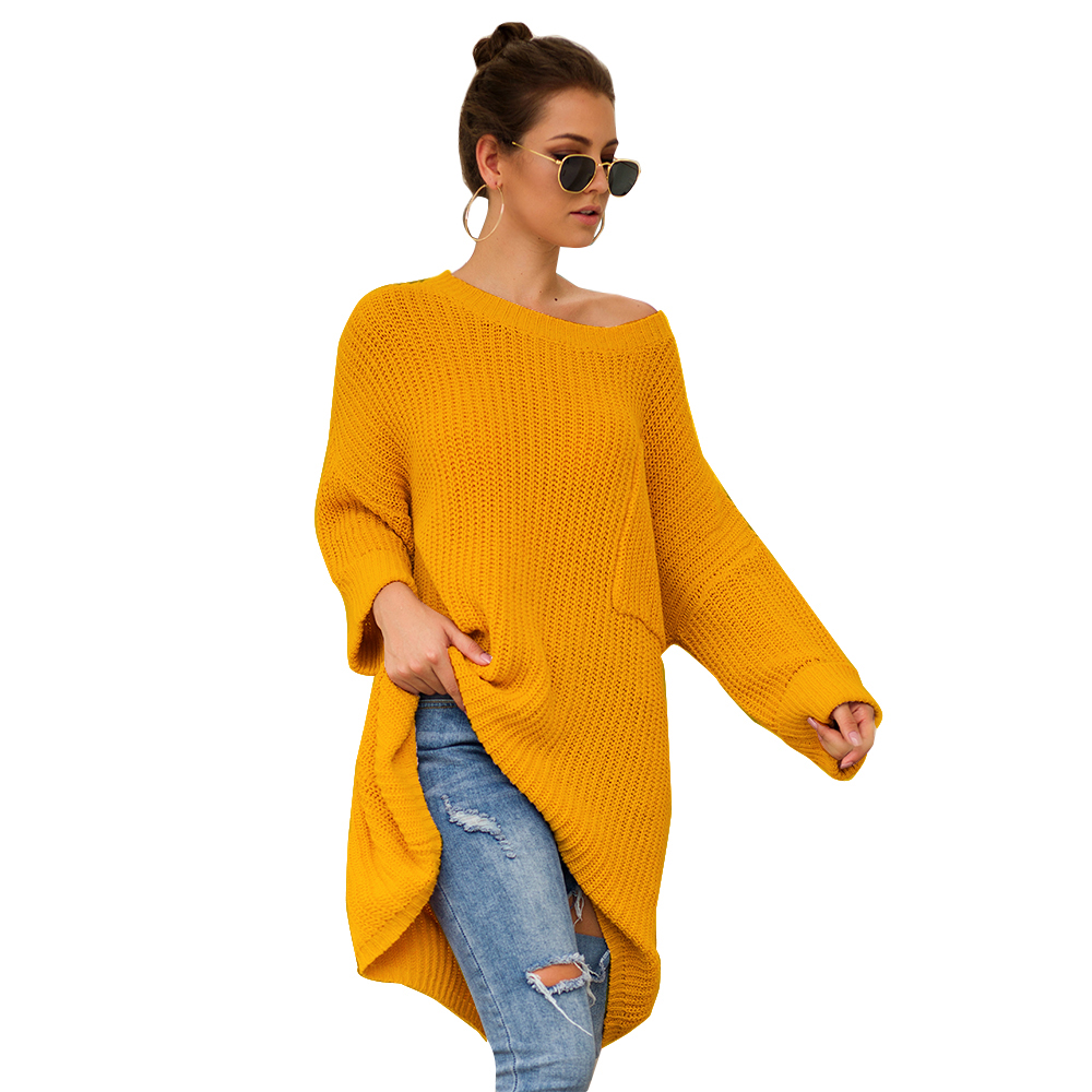 SZ60241-2 Yellow Knit One Shoulder Long Sleeve Casual Sweater